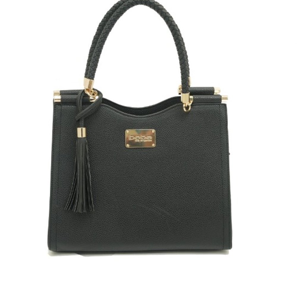Bebe Natalie Satchel Handbag w Detachable Strap Black Faux Leather NWOT